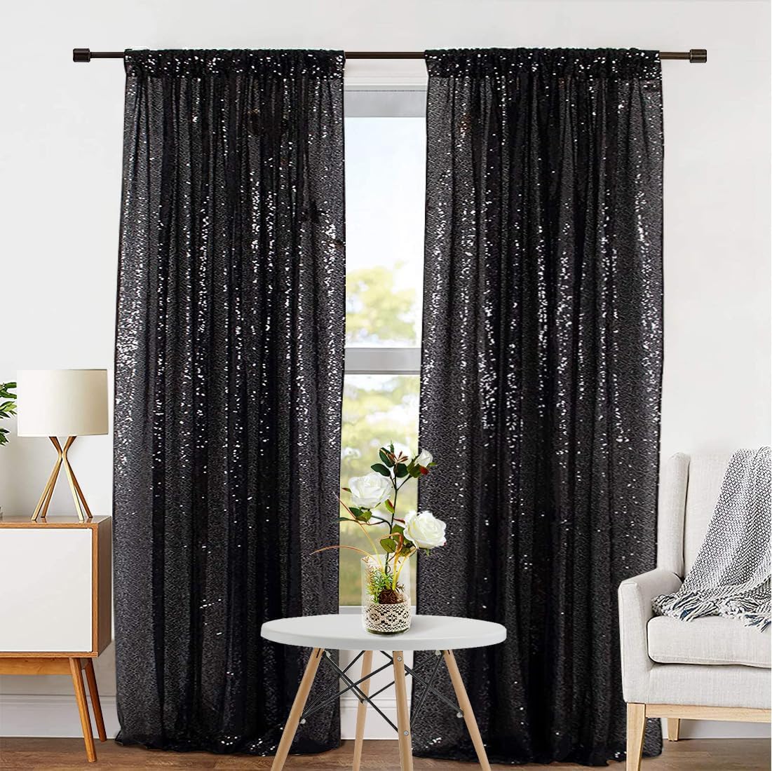 Eternal Beauty Sequin Backdrop Curtains, 2x8 Ft-2 Panels Black Back Drop for Shimmer Photography