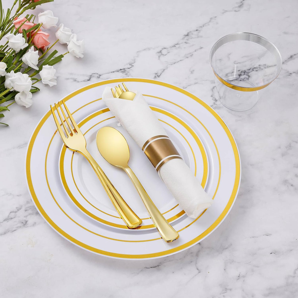 Goodluck 700 Piece Gold Plastic Dinnerware Set for 100 Guests, Disposable Plates for Party