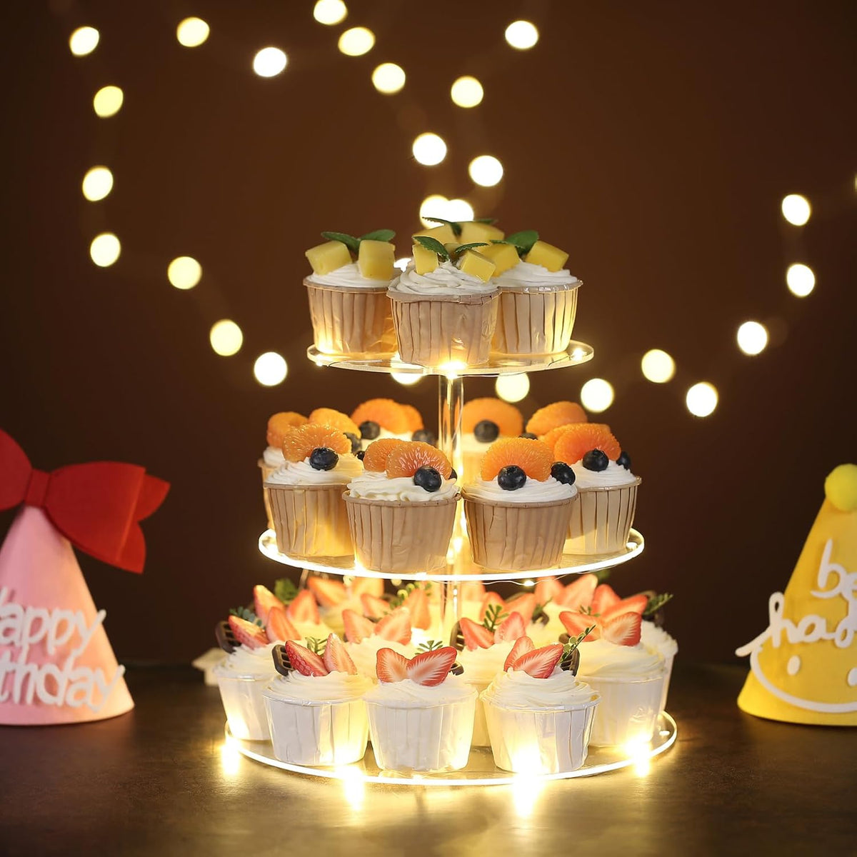 3 Tier Round Cupcake Stand Cupcake Holder, Acrylic Cupcake Tower with LED Yellow Light for 24