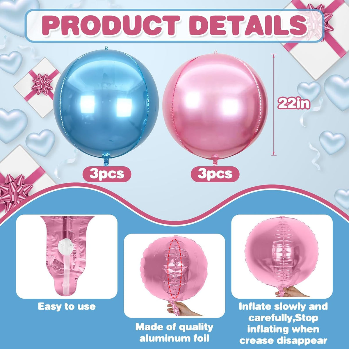 6Pcs blue Pink Round Foil Balloons,Giant 4D Round Ball Balloon,22 Inch Metallic blue Pink Balloons