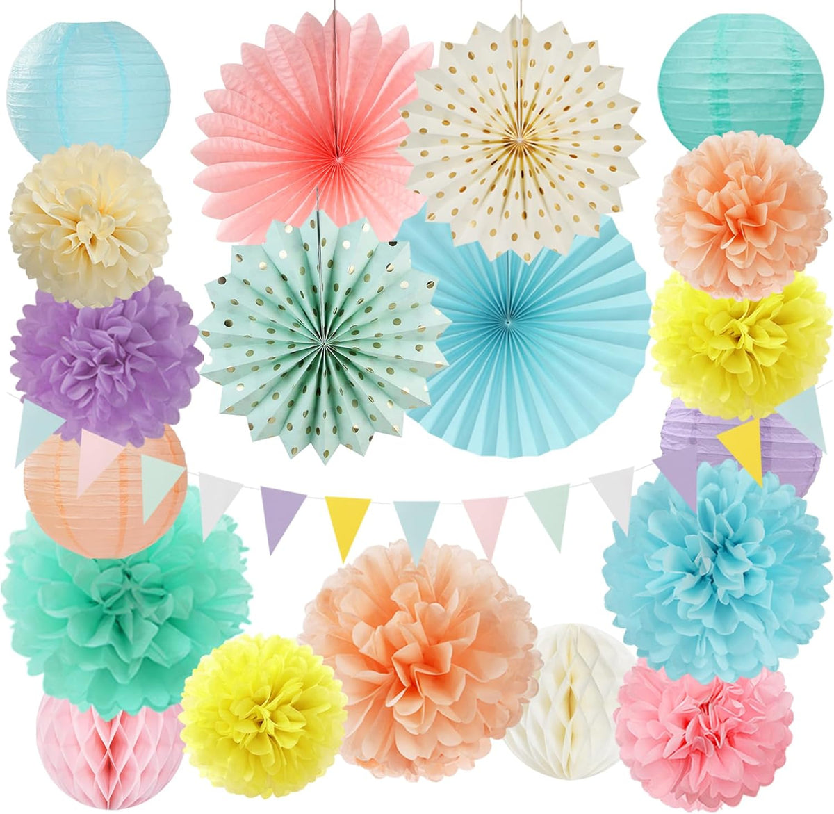 Pastel Rainbow Party-Decorations - 20pcs Pink Yellow Blue Classroom Ceiling Paper Lanterns Fans