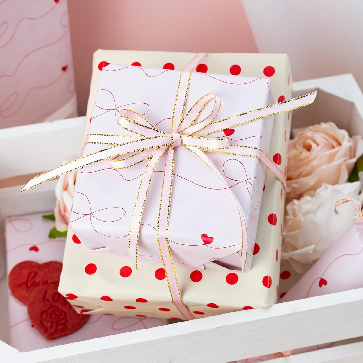 Flyhill Polka Dot Wrapping Paper,Reversible Pink Beige Elegant Heart & Bow Gift Wrap Suitable for