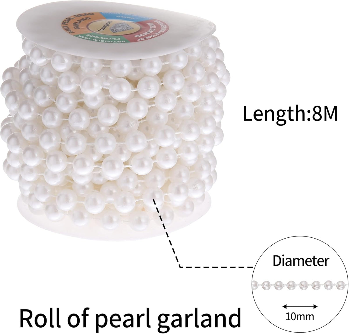 10mm Pearl Strands,9 Yds of White Fake Beads Garland Spool Roll with String Pearls for
