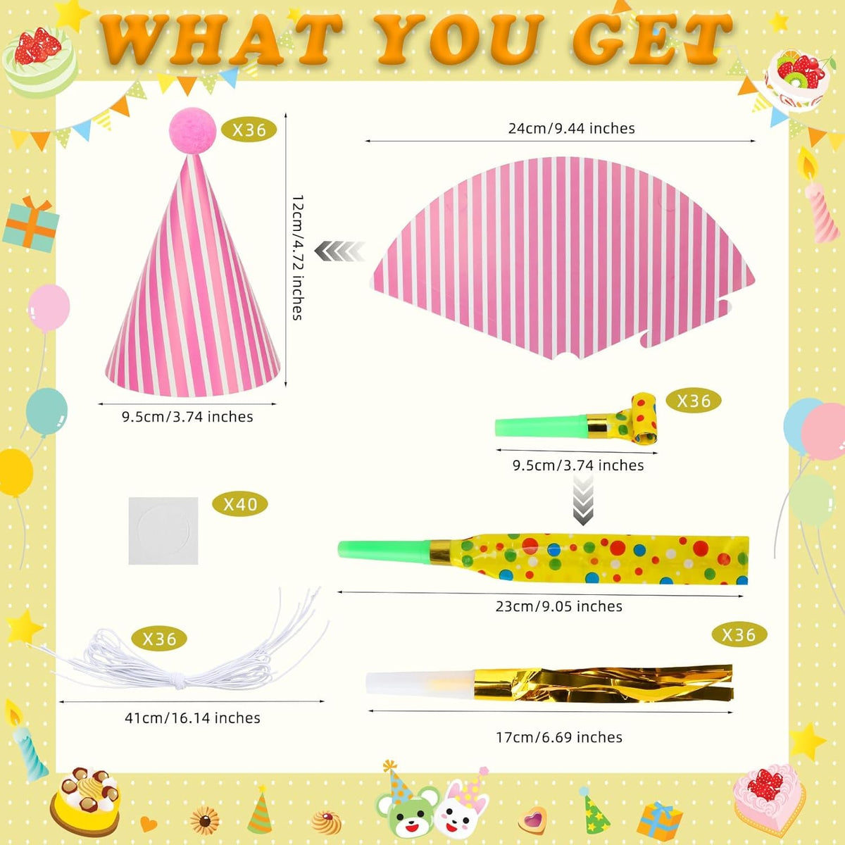 116 PCS Birthday Party Cone Hats Assorted Colors Cone Paper Hat with Colorful Blowers and Metallic