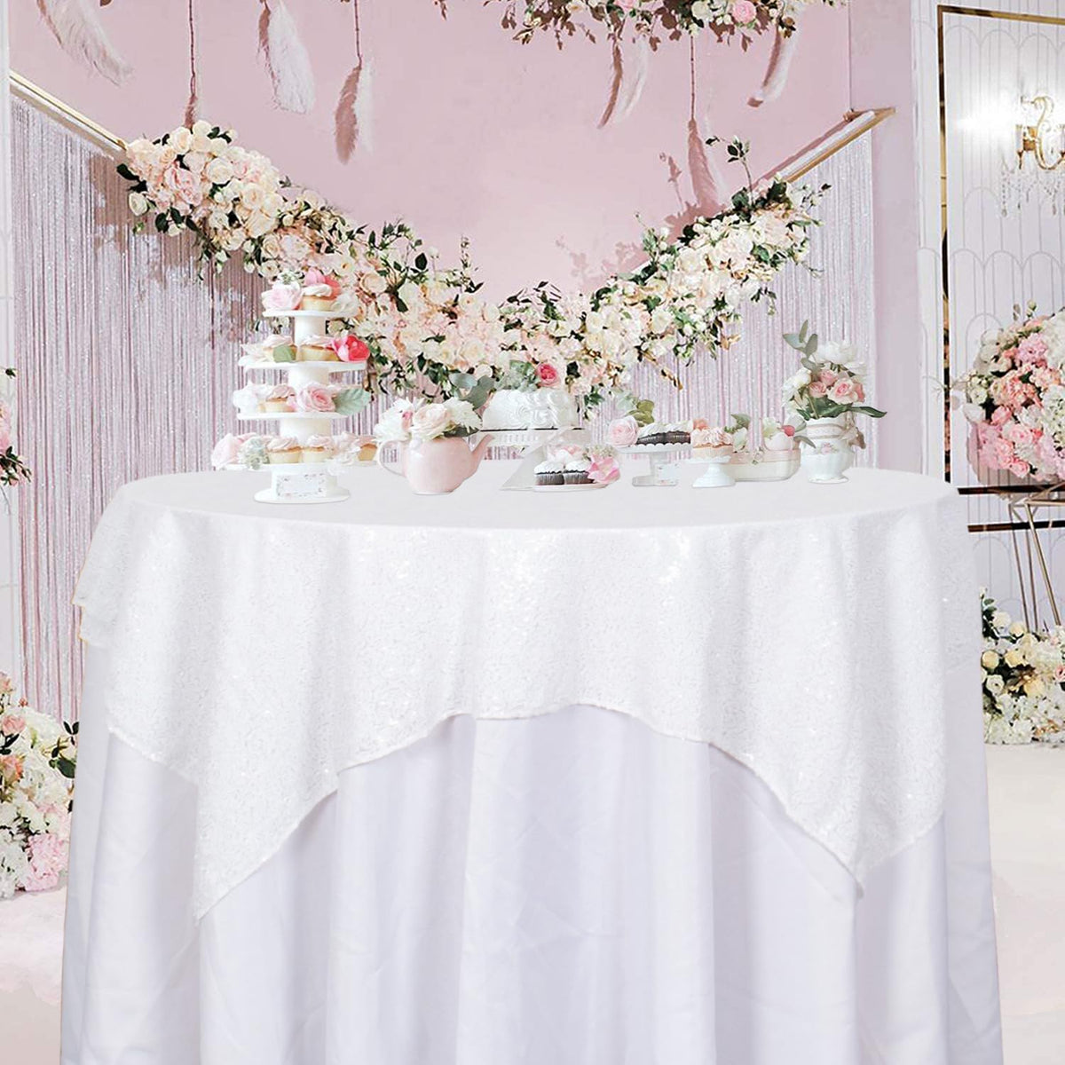 ShinyBeauty Sequin Tablecloth Square 54x54-Inch White Table Cloths for Round Table White Sequin