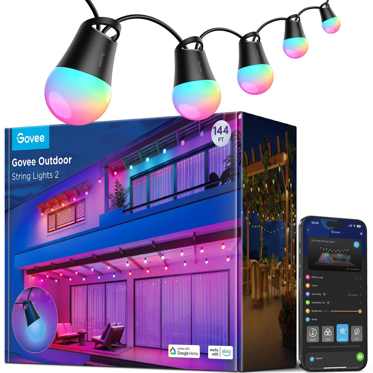 Govee Smart Outdoor String Lights 2, 144ft RGBIC Patio Lights with 45 Bulbs
