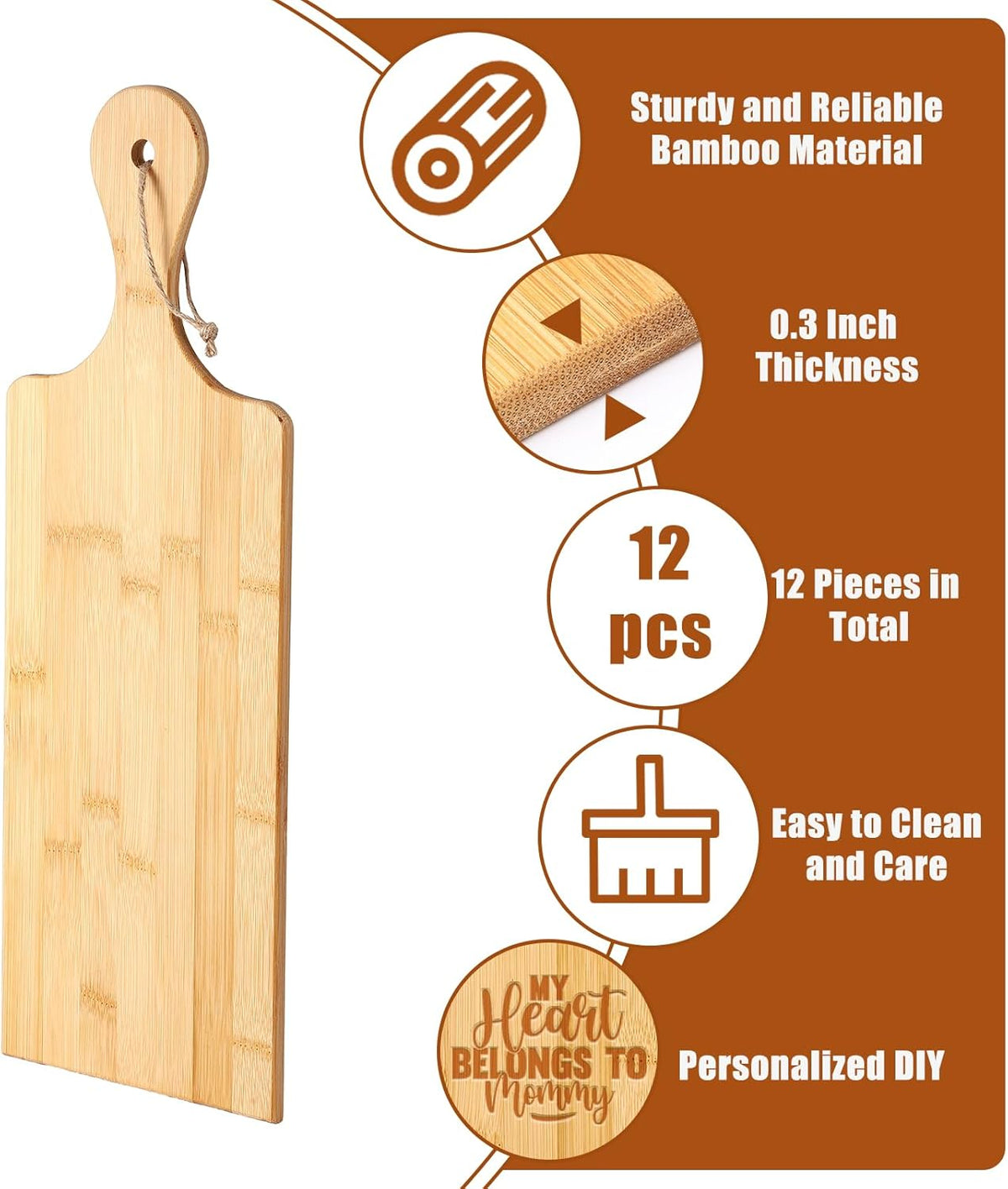 Patelai 12 Packs Wooden Cutting Board Set with Handles Large Kitchen Serving Plain Chopping Board