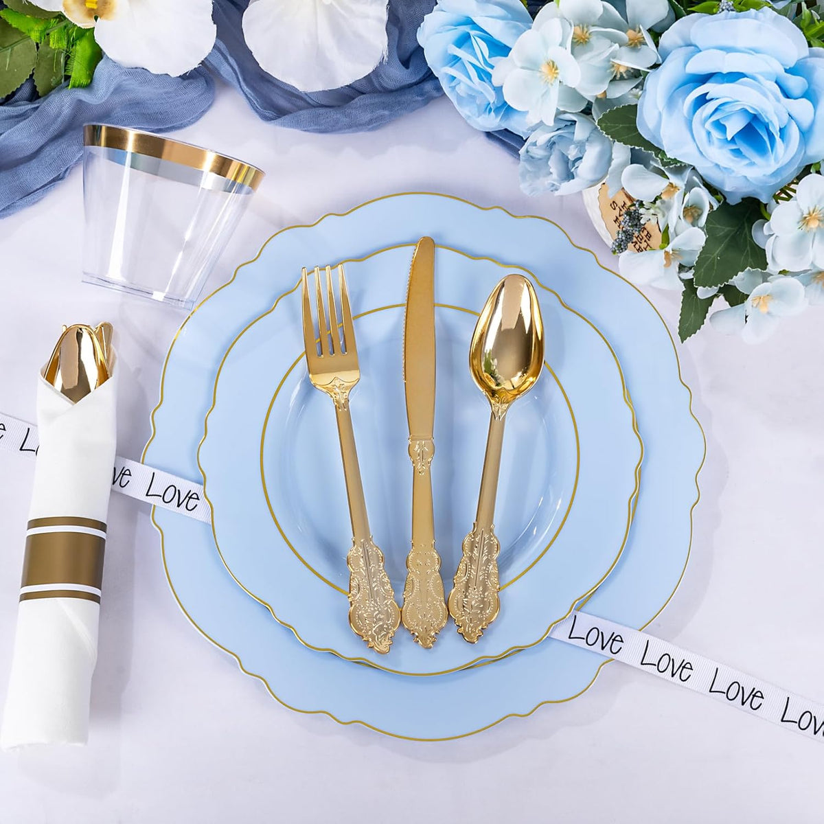 Liacere 350PCS Bule Plastic Plates - Disposable Bule and Gold Plates 50guest Baroque Plastic
