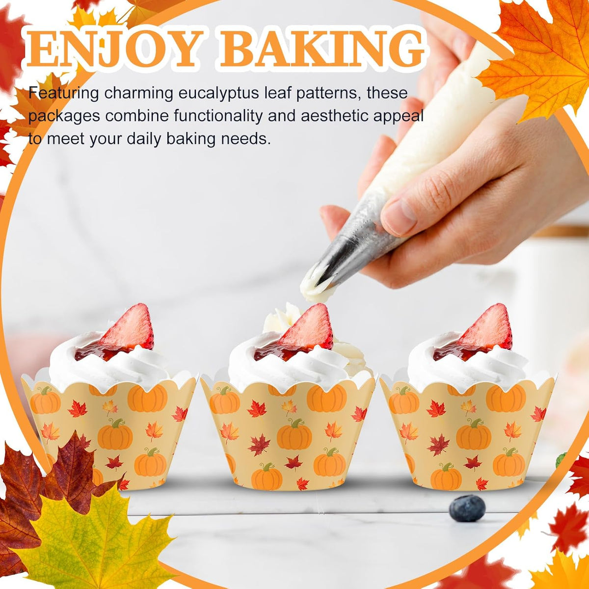 Domensi 100 Pcs Fall Pumpkin Maple Leaf Cupcake Wrappers Rustic Cupcake Liners Thanksgiving Baking