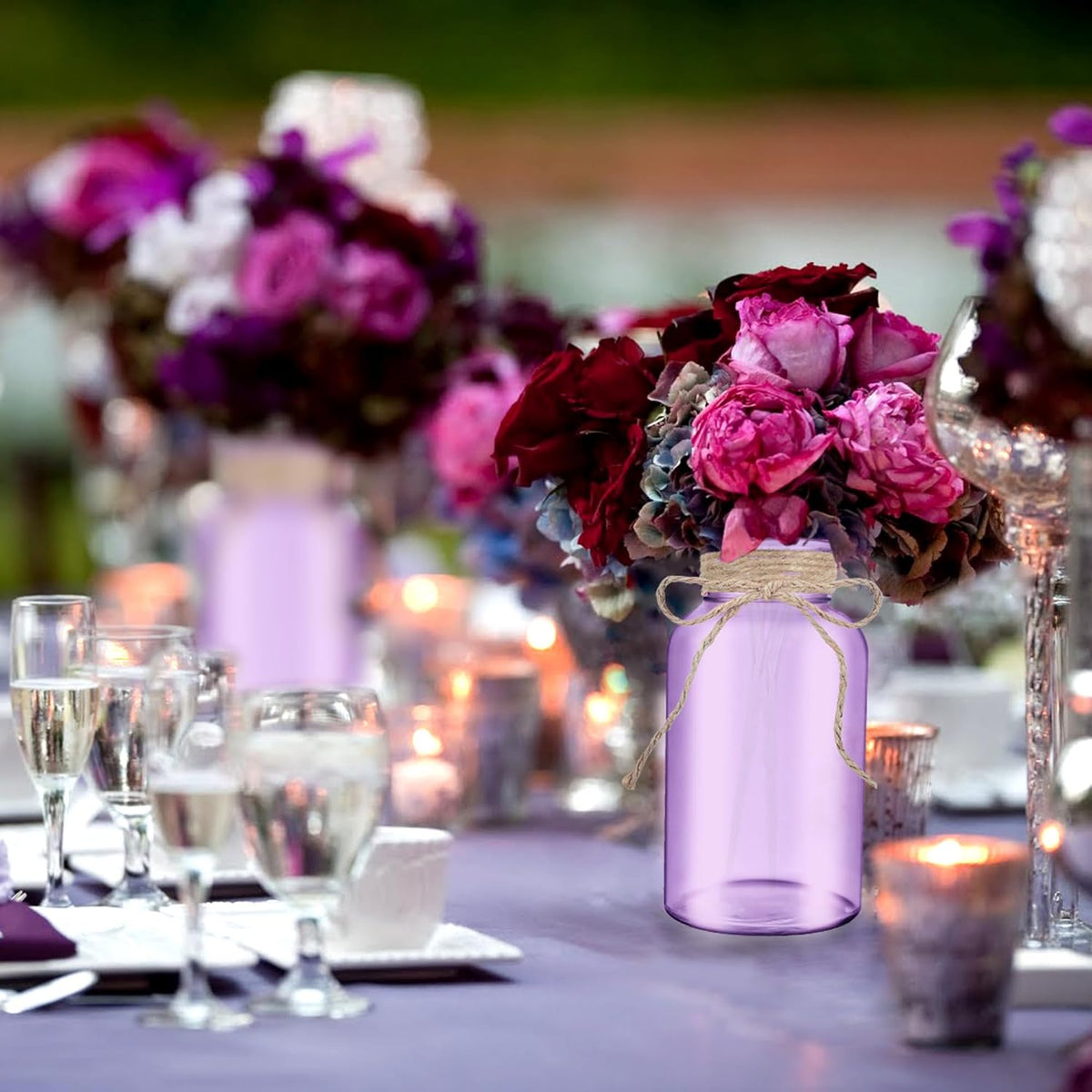 Vintage Glass Flower Vase，12 Pack Farmhouse Purple Glass Centerpiece Vases Mason Jars for Weddings