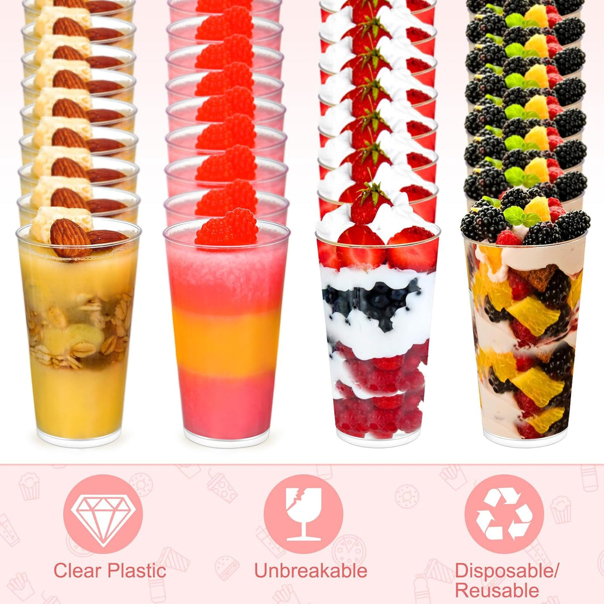 CHENGU 3 oz Clear Plastic Mini Dessert Cups with Spoons - Round Parfait Appetizer Cups, Shot