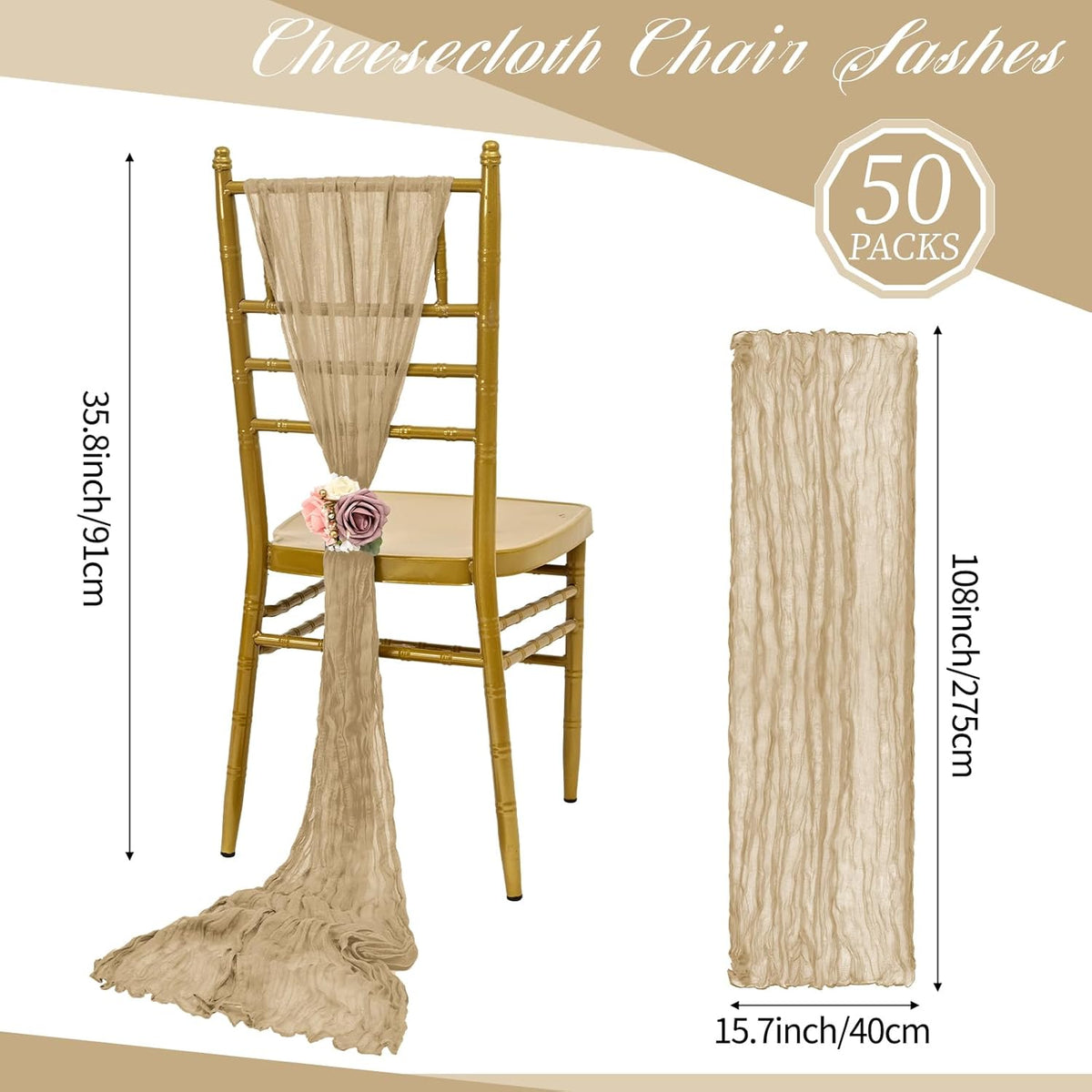 50 PCS Cheesecloth Chair Sashes, Bows Designed ChairSashes, 15.7x108 inch Chair Sashes for Aisle