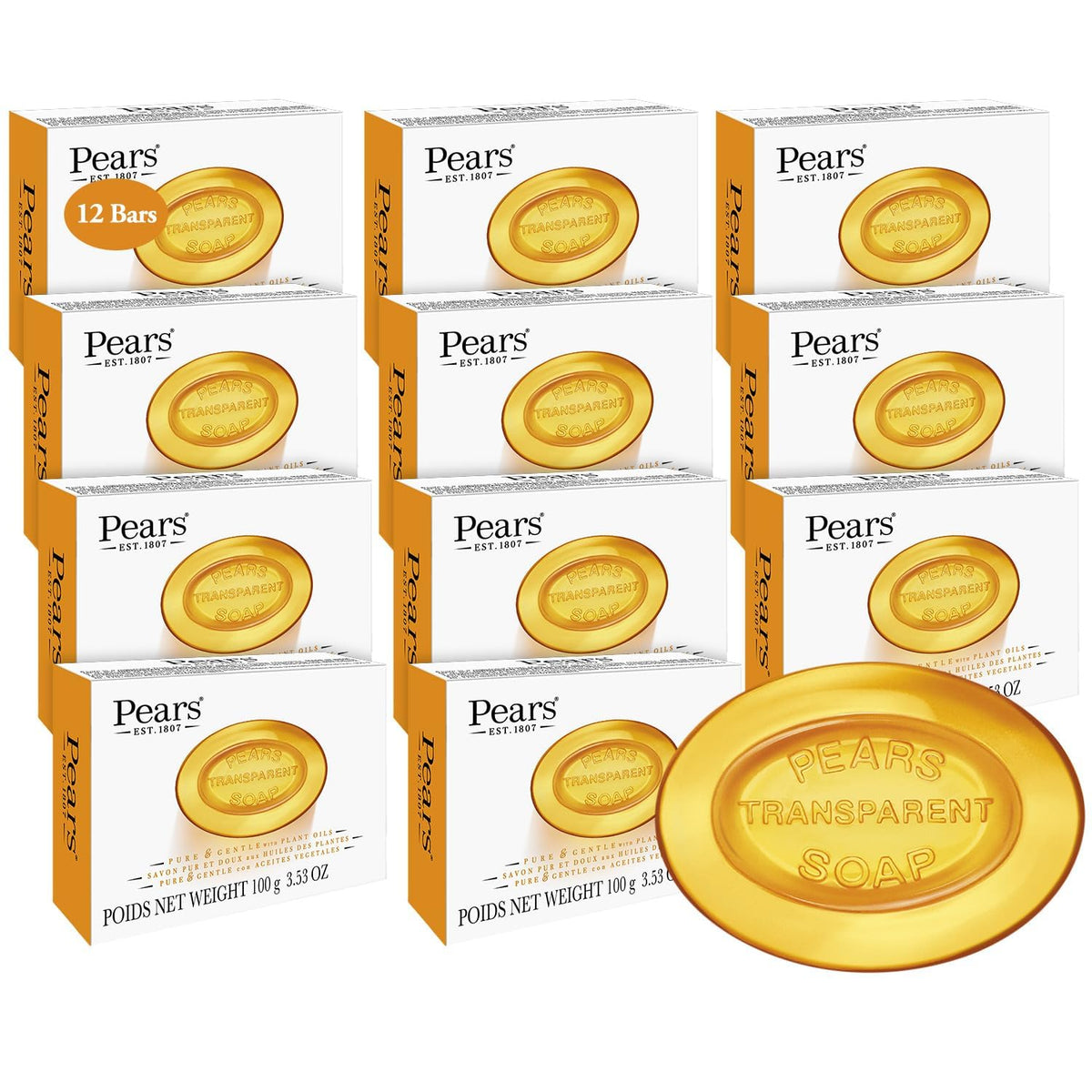 Pears Soap, Pure & Gentle with Natural Oils, 12-Pack – Transparent Amber Glycerin Soap for