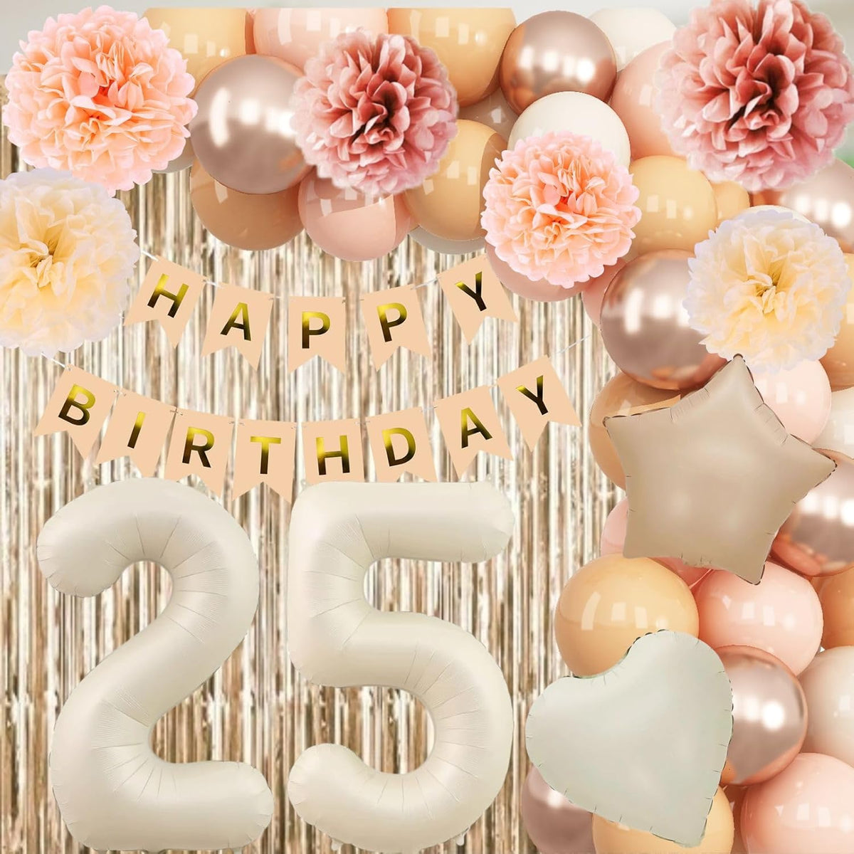 Beige 25th Birthday Decorations for Her Cream Number 25 Balloon Nude Gold Happy Birthday Banner