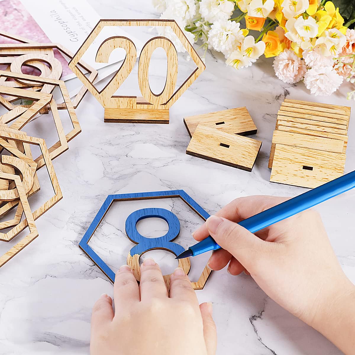 Wooden Table Numbers, Hexagon Shape 1-20 Wedding Table Numbers with Holder Base Rustic Hollow Out