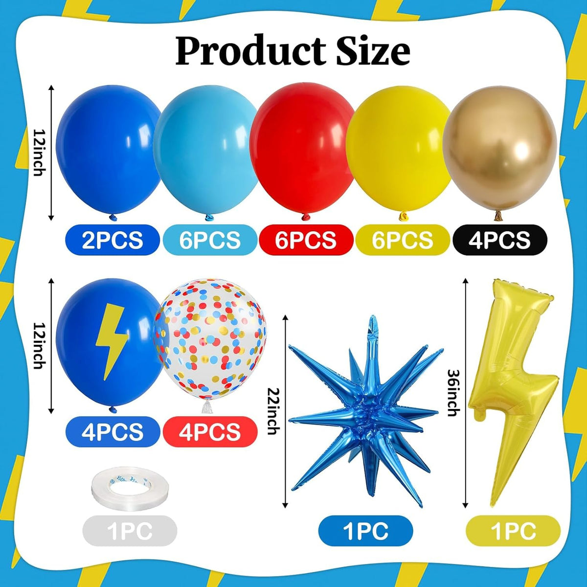 Red Yellow Blue Balloons,Cartoon Theme Balloons with 36 Inch Lightning and 22 Inch Star Foil