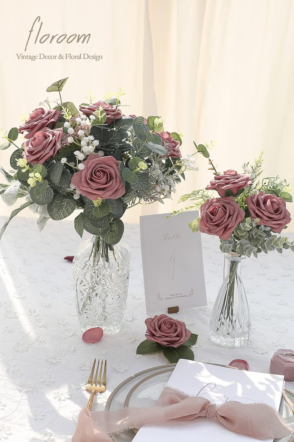 Floroom Artificial Flowers 50pcs Real Looking Dusty Rose Foam Fake Roses with Stems for DIY Wedding