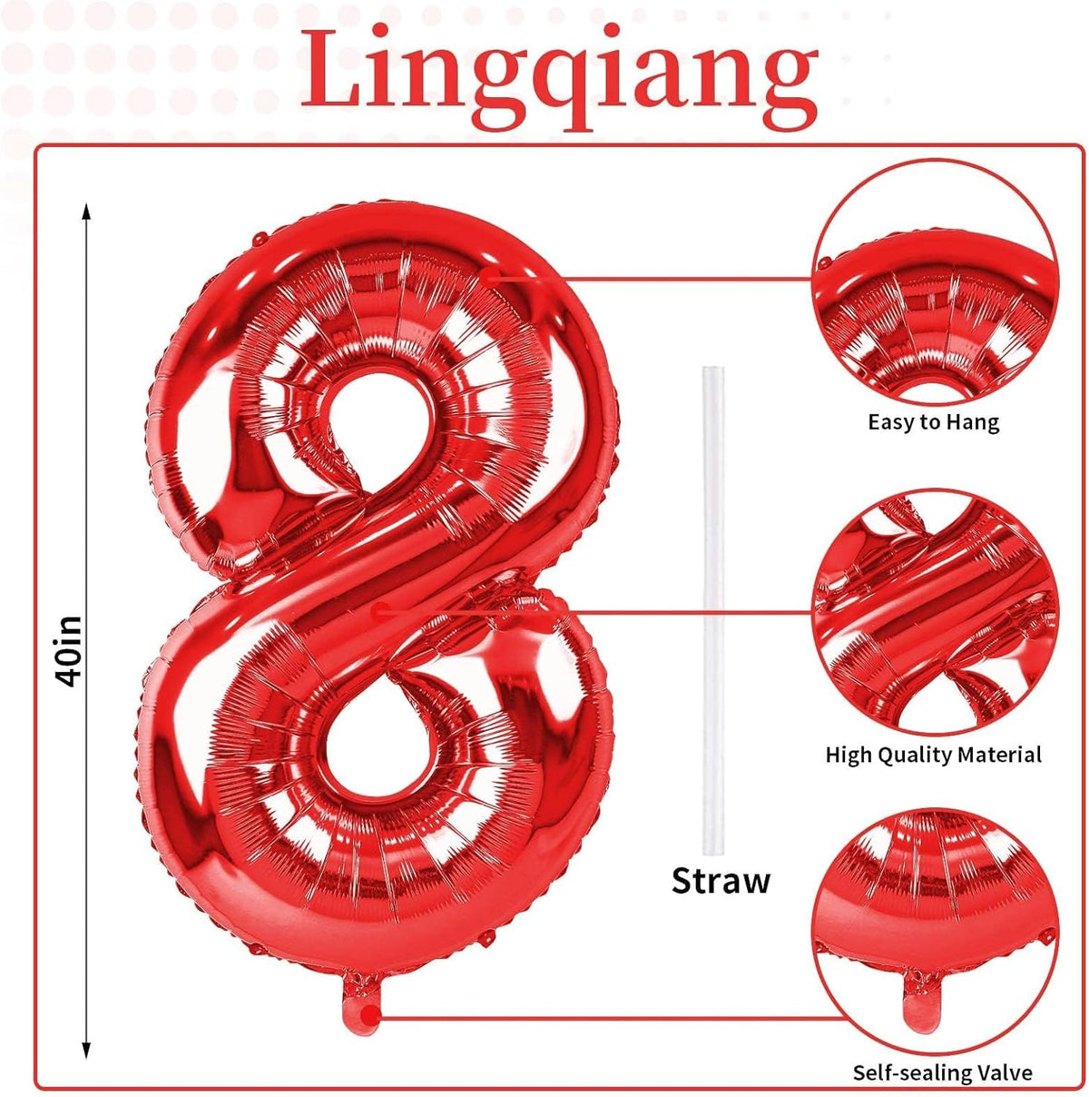 Red Foil Balloon Number 8 for Boys, 40'' Giant Self Inflating Number Balloons Set 0-9, Large Number
