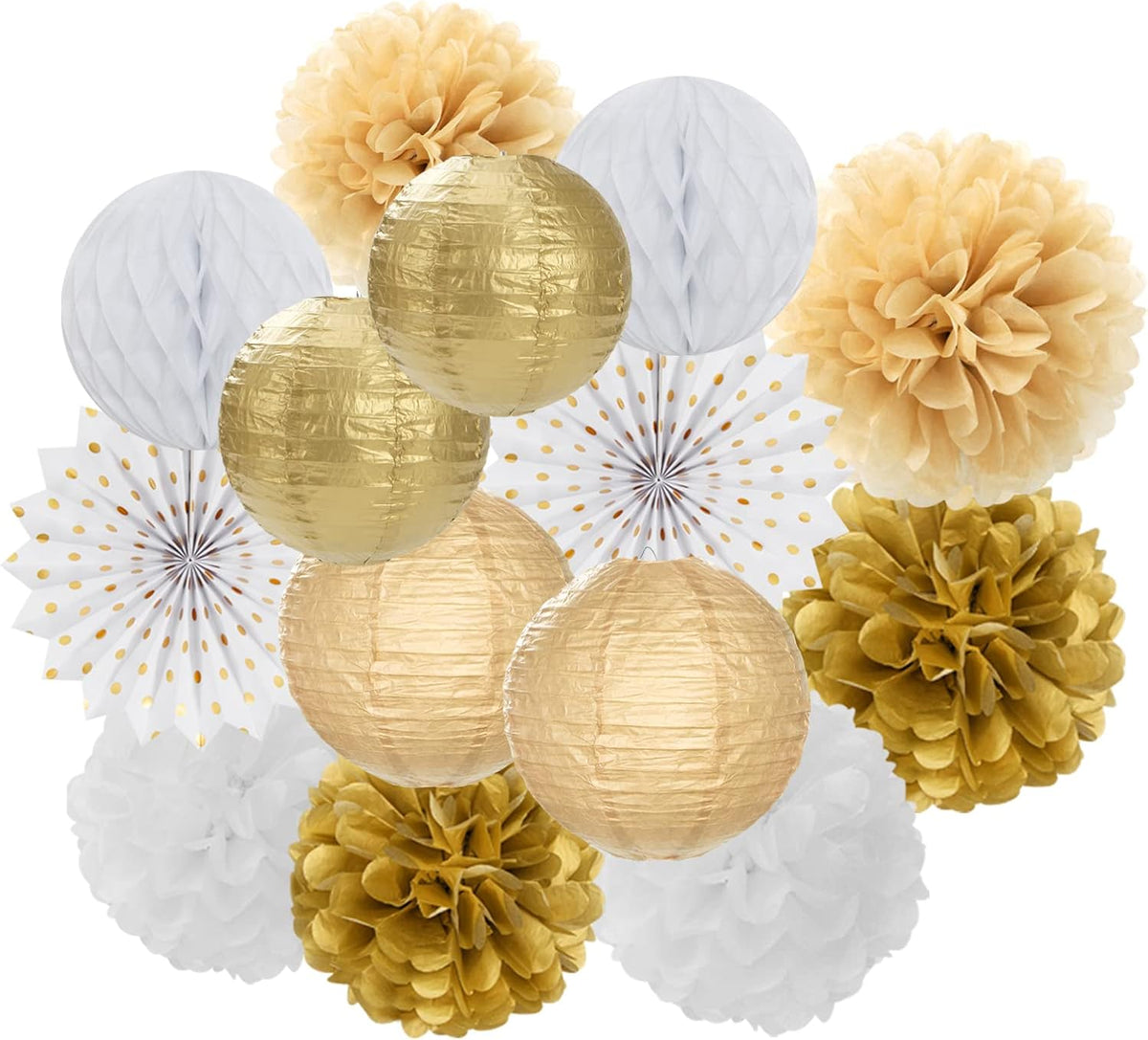 White Gold Party Decorations Streamers - 14pcs Christmas Wedding Engagement Paper Lanterns