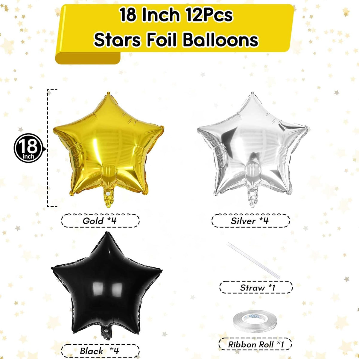 Black Gold Star Foil Balloons, 18 Inch 12Pcs Silver and Black Pentagram Aluminum Foil Balloon
