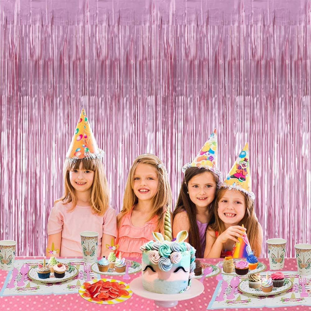 3Pcs Pink Metallic Tinsel Foil Fringe Curtains,3.28ft x 6.56ft Pink Photo Booth Backdrop Streamer