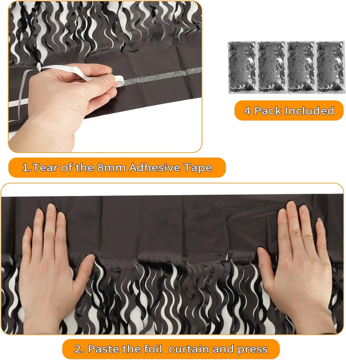 Black Foil Fringe Curtains Party Decorations - 4 Pack 3.3 ft x 6.6 ft Foil Party Curtain Streamer