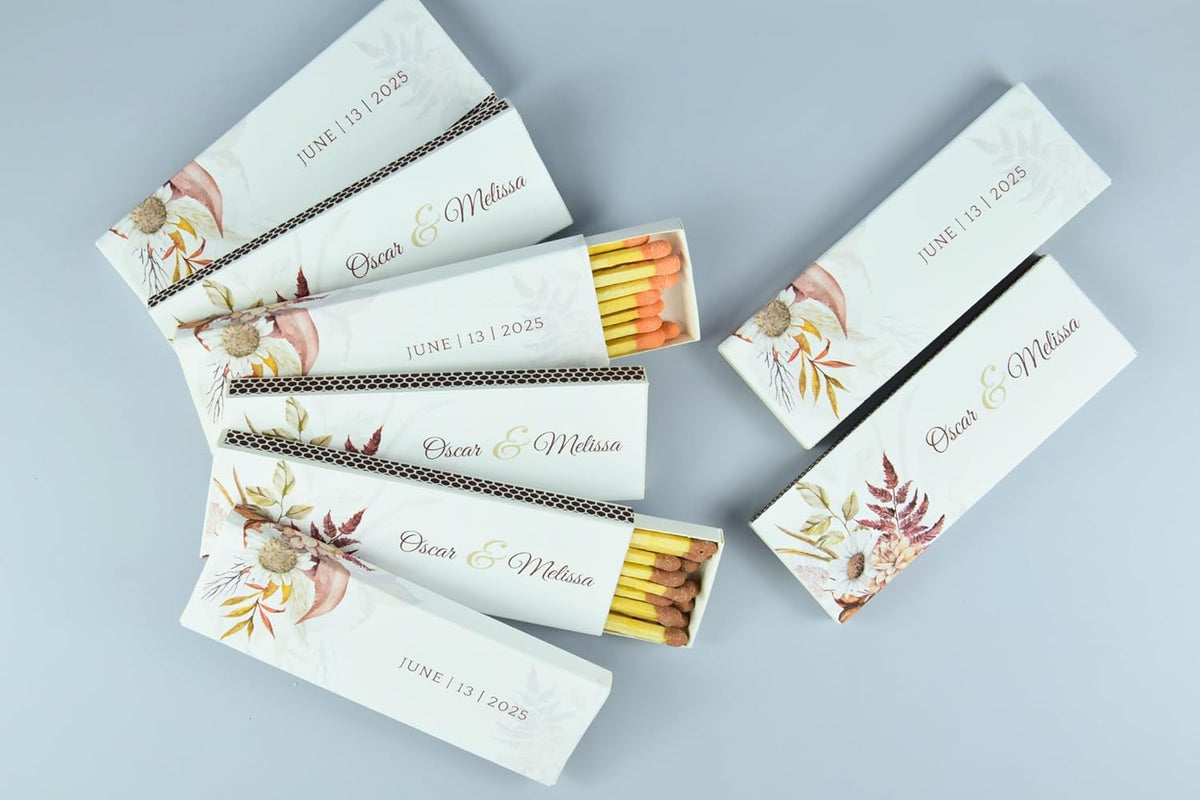 10 Boxes - Customized Matchboxes Colorful Tips (Wedding Design #5, 4" Matchboxes) (4" Matchsticks