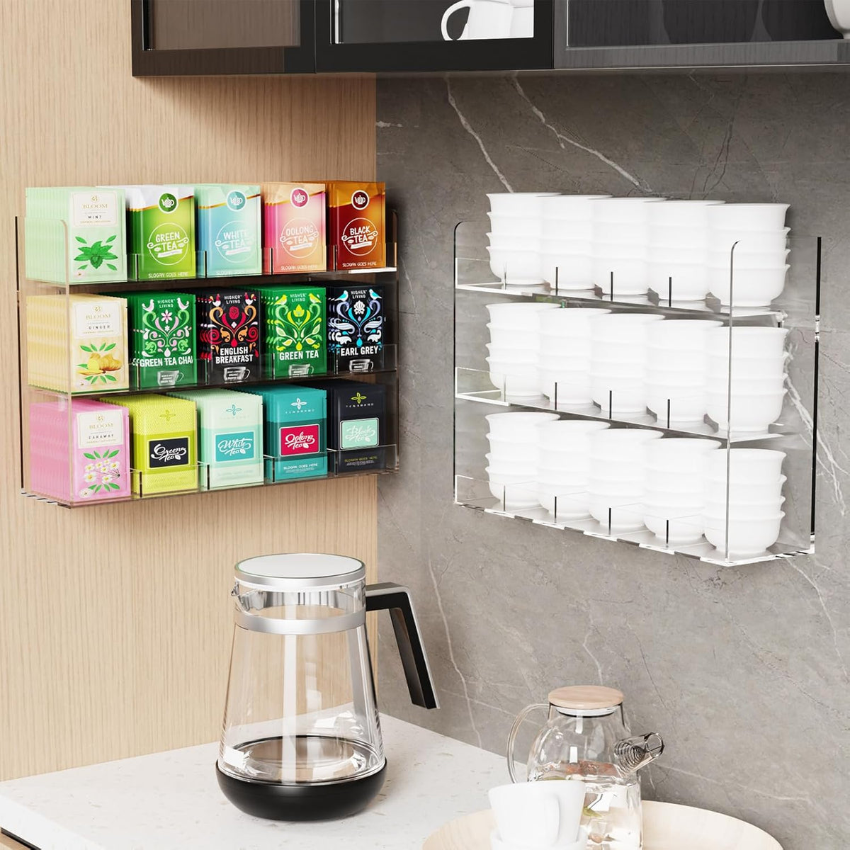Acrylic Tea Bag Organizer, 3 Layers Tea Bag Holder for Tea Packets, No Assembly Required, Wall
