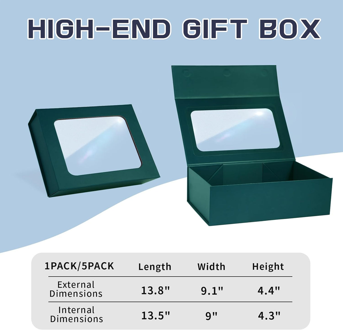 Green Large Gift Boxes with Window, 13.5"x9"x4.3" Bridesmaid Boxe for Gift Giving,Birthday Gift Box