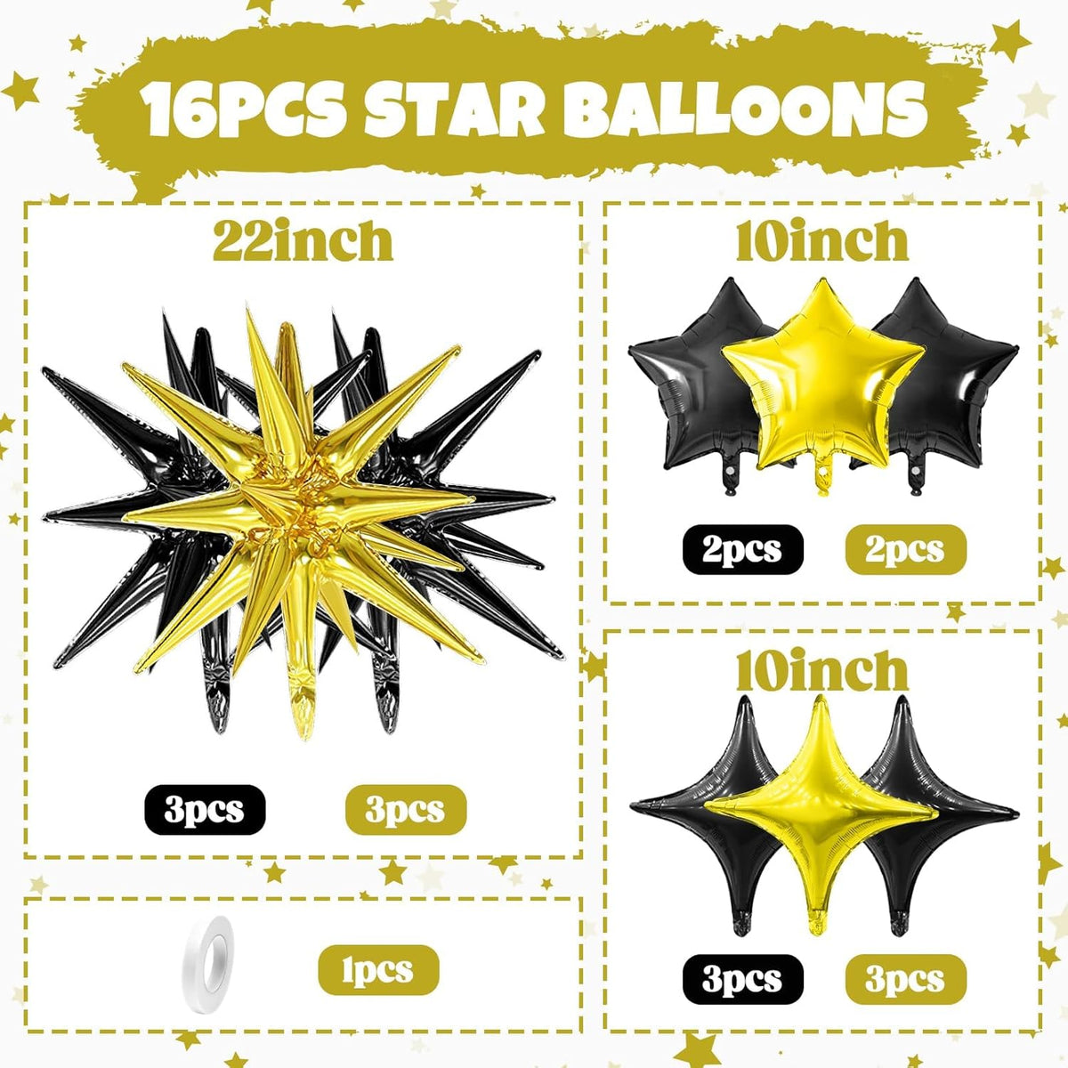 Black Gold Star Balloon,16Pcs Star Foil Balloons Set with 22Inch Explosion Spike Cone Balloons and
