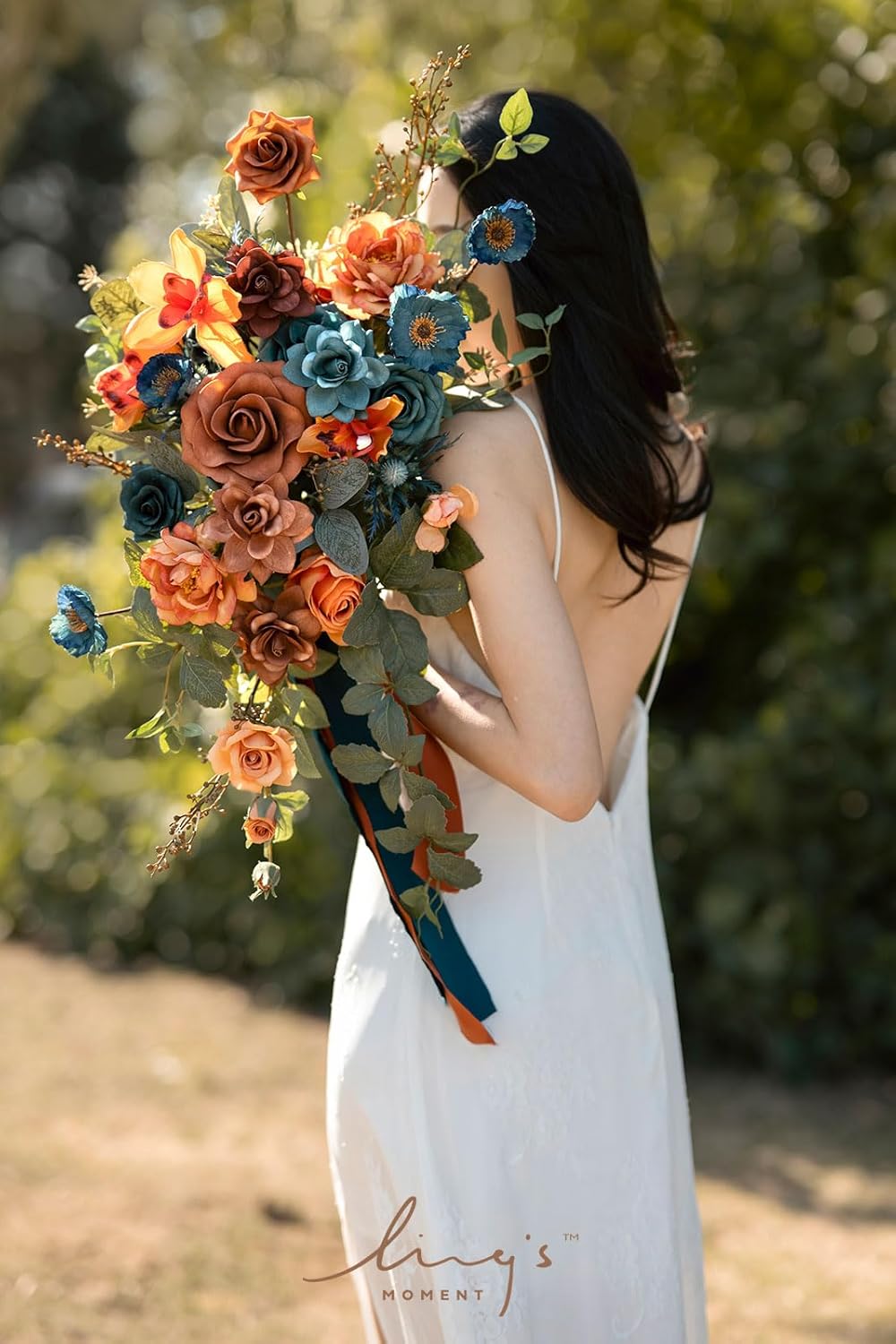Ling's moment Teal Bridal Bouquet Cascading, Burnt Orange Wedding Bouquets for Bride, 13 Inch