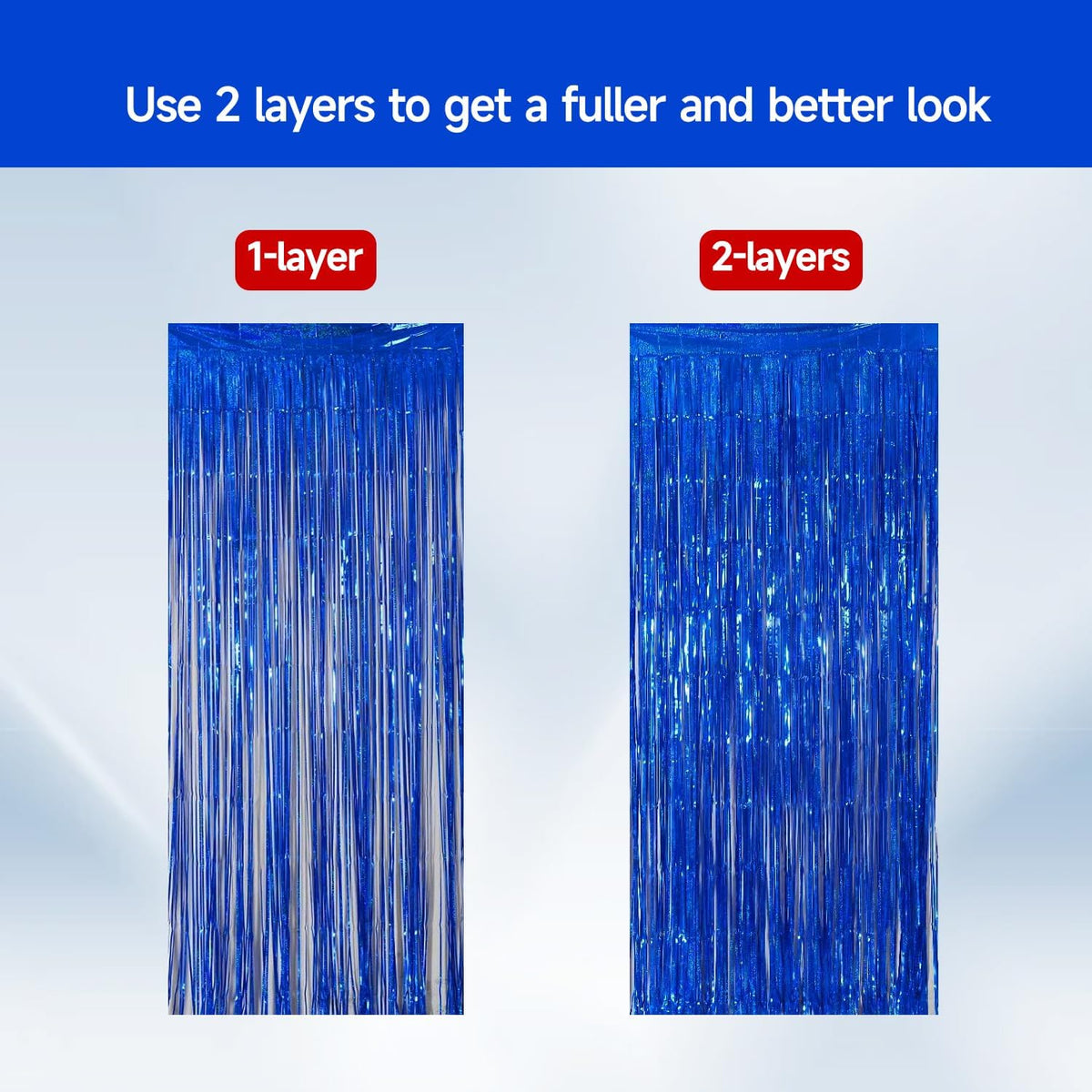 QRabbit 4 Pack Backdrop Curtains, Blue Foil Fringe Curtain Tinsel Backdrop, Party Streamers for