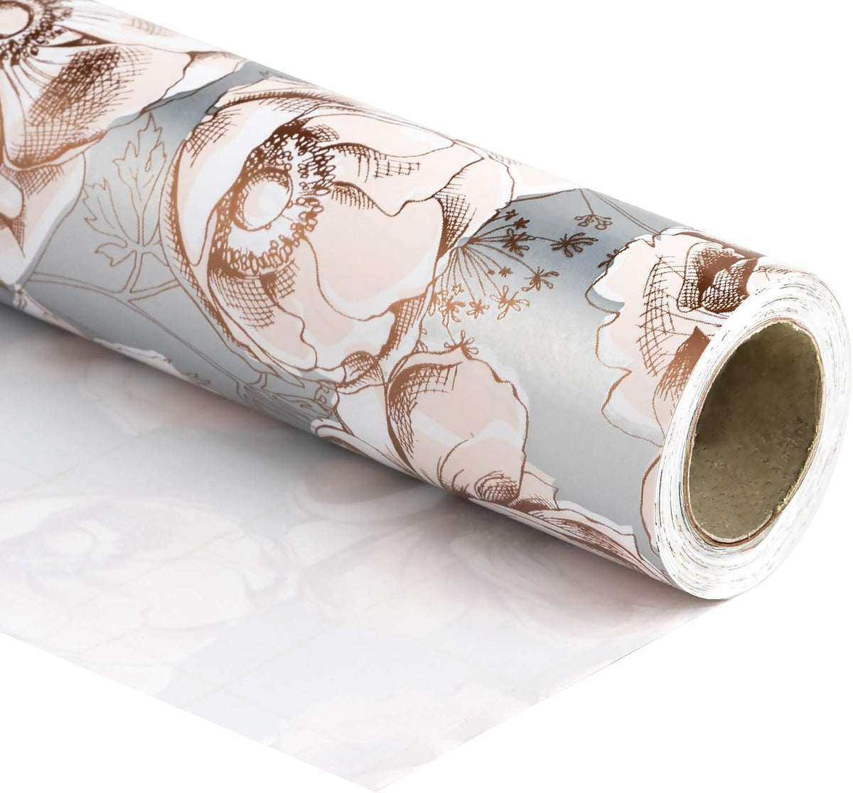 WRAPAHOLIC 30 Inch Jumbo Reversible Floral Wrapping Paper - 30 Inch X 33 Feet - Siver Floral Design