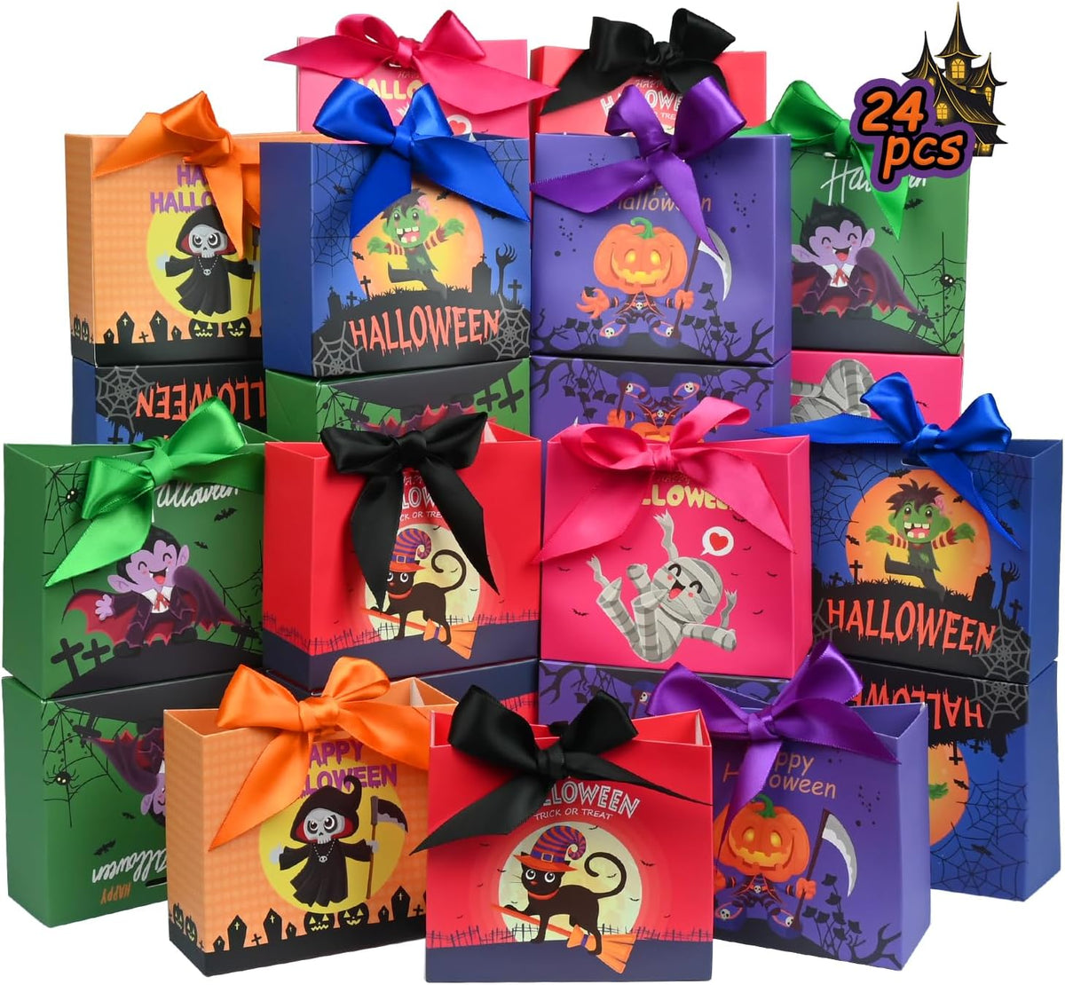 24PCS Halloween Goodies Bags, Trick or Treat Candy Gift Paper Bags Bulk with Ribbons, Halloween