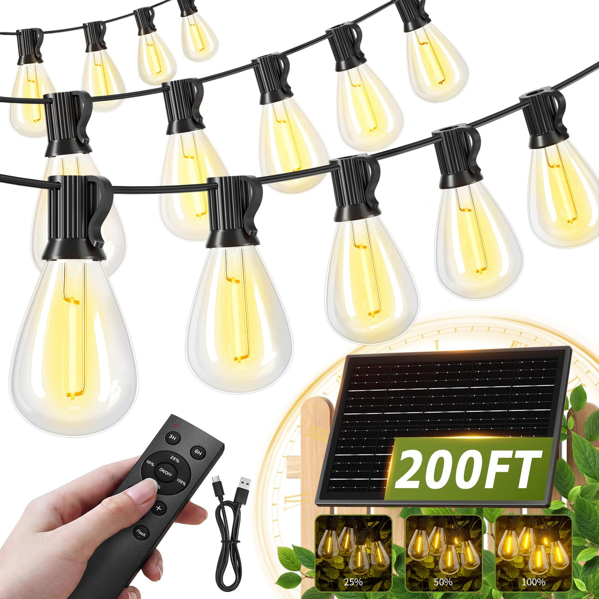 Amzrap 200FT Solar String Lights Outdoor Waterproof 72+2 LED Bulbs, Solar Powered with Remote & USB