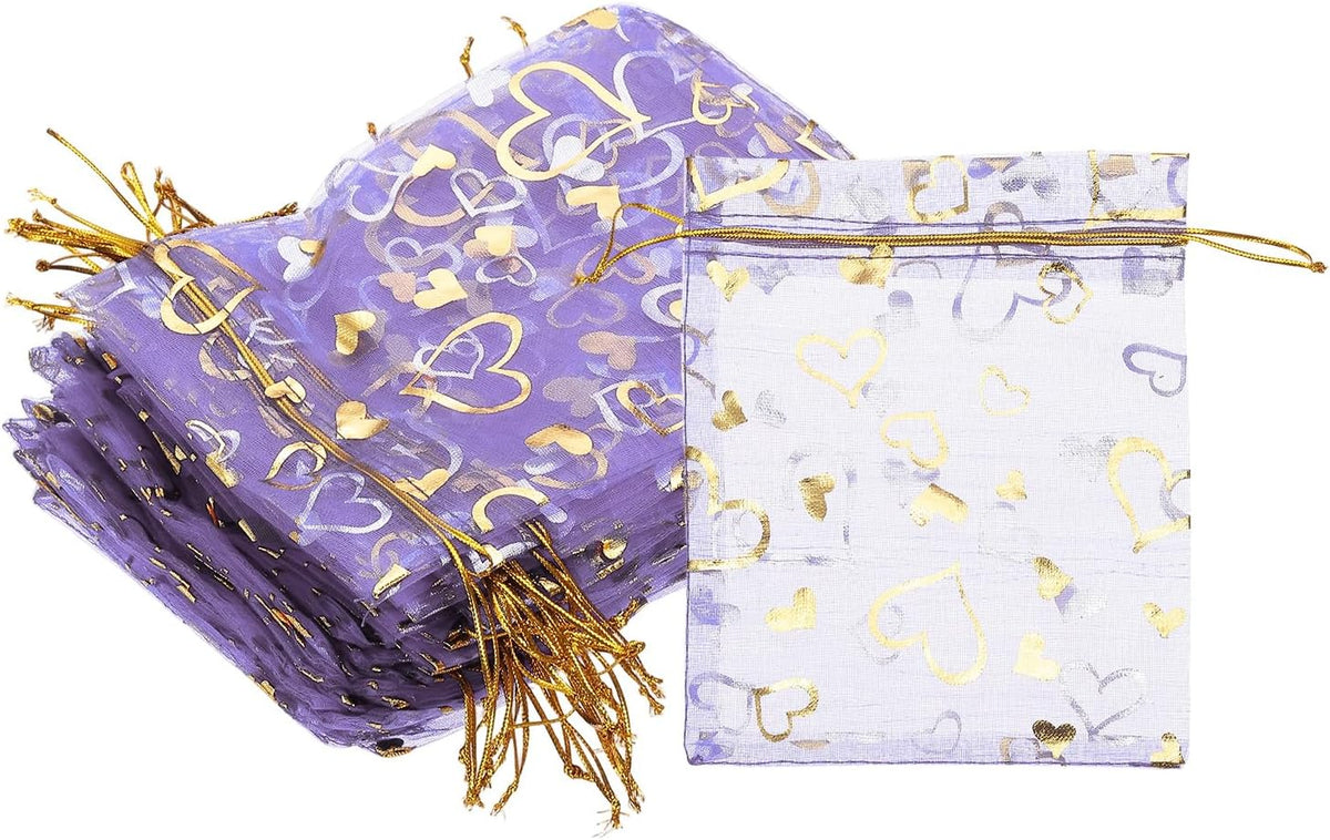 PATIKIL 100 Pcs 5x7 Inch Heart Printed Organza Bags, Purple Sheer Heart Organza Bags with