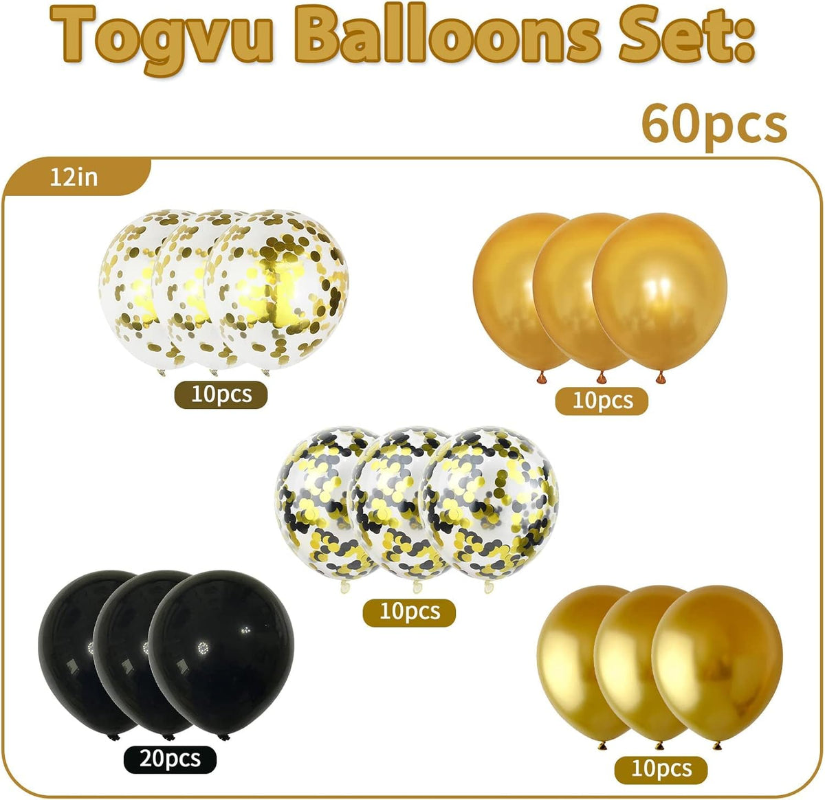 Balloons Gold and Black, 60PCS Black Metallic Chrome Gold Pearly Gold Black Gold Confetti Latex
