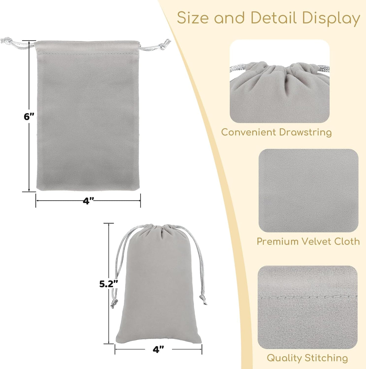 Velvet Drawstring Jewelry Bag, 50Pcs Grey Coin Pouch, 4x6 Dice Bag, for Wrapping Halloween Party
