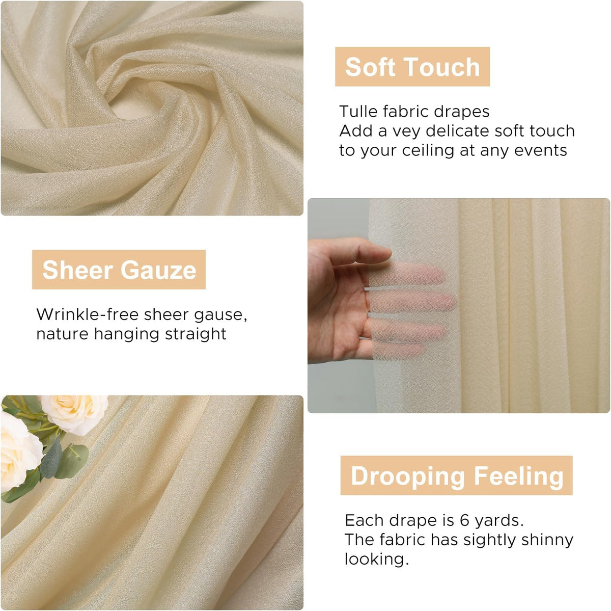 Wokceer Champagne Wedding Arch Draping Fabric Backdrop 4 Panels 28.7" X 20FT Sheer Drapes Fabric