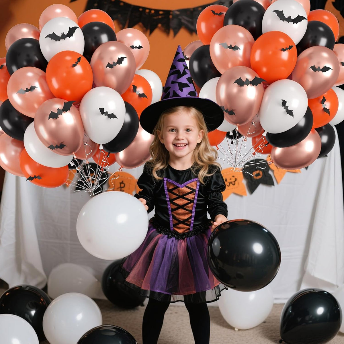 Halloween Balloons, 60PCS Black Orange Balloons, Black Orange White Rose Gold Balloon with 4