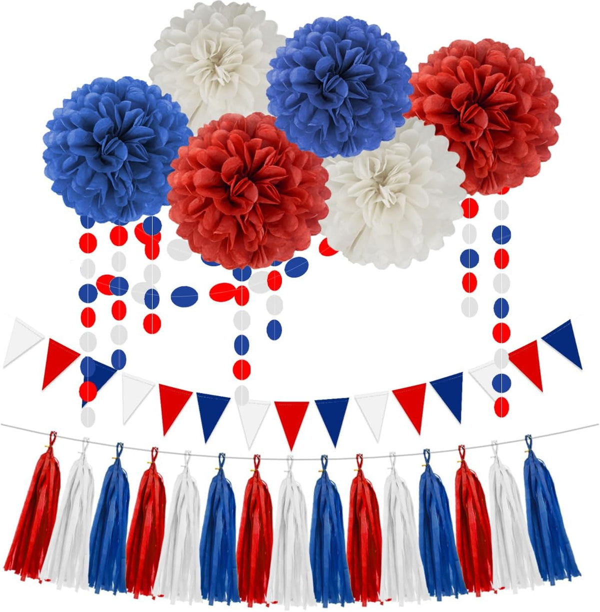 Red White Blue Party Decorations - 23pcs Tissue Paper Flower Pom Poms Tassel Garland Pennant Banner