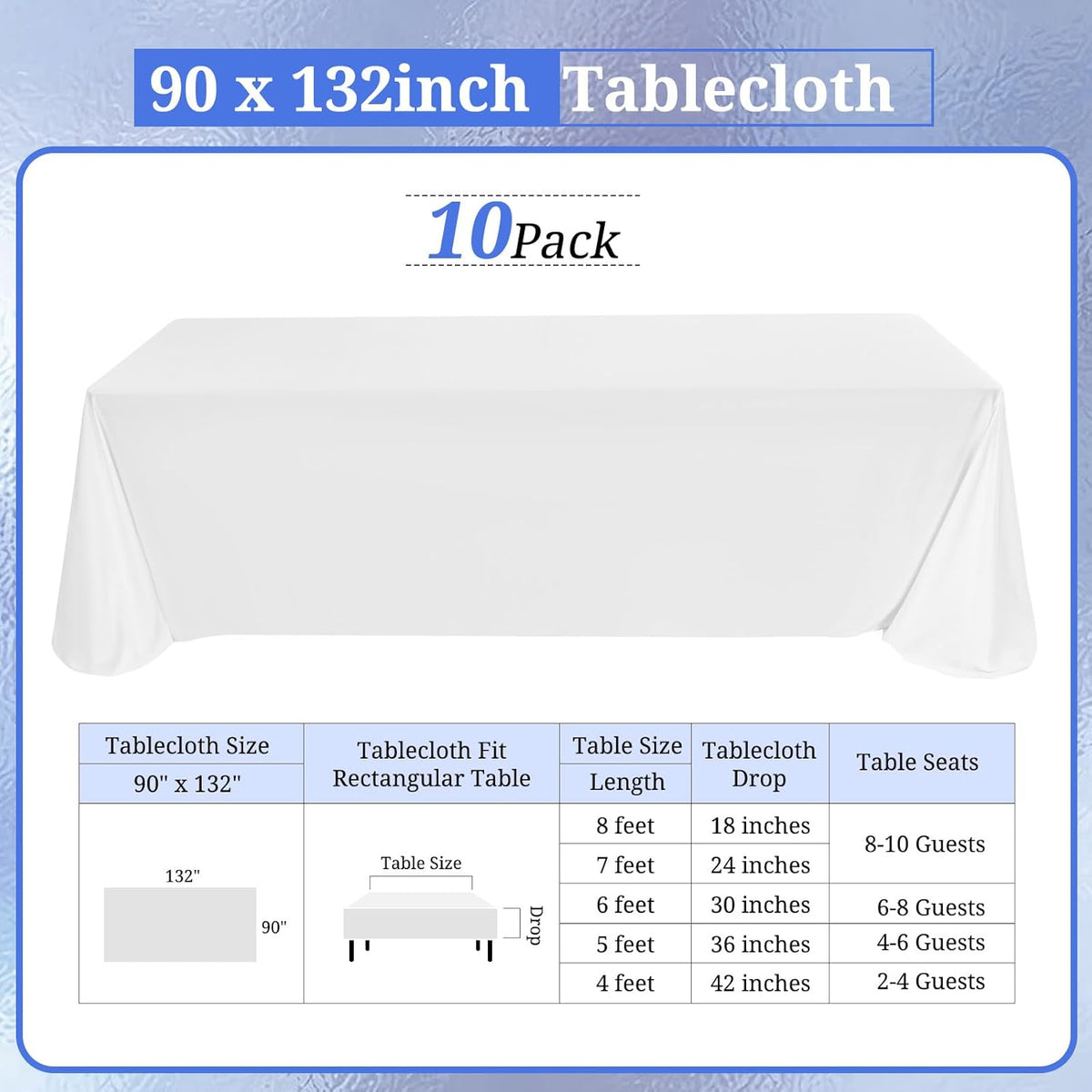 10 Pack Polyester Tablecloths, White 90 x 132 Inch Polyester Table Cloth for 8 Foot Rectangle