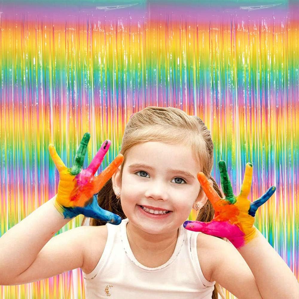 BEISHIDA 2 Pack Light Rainbow Foil Fringe Curtain Assorted Colorful Tinsel Metallic Curtains Photo