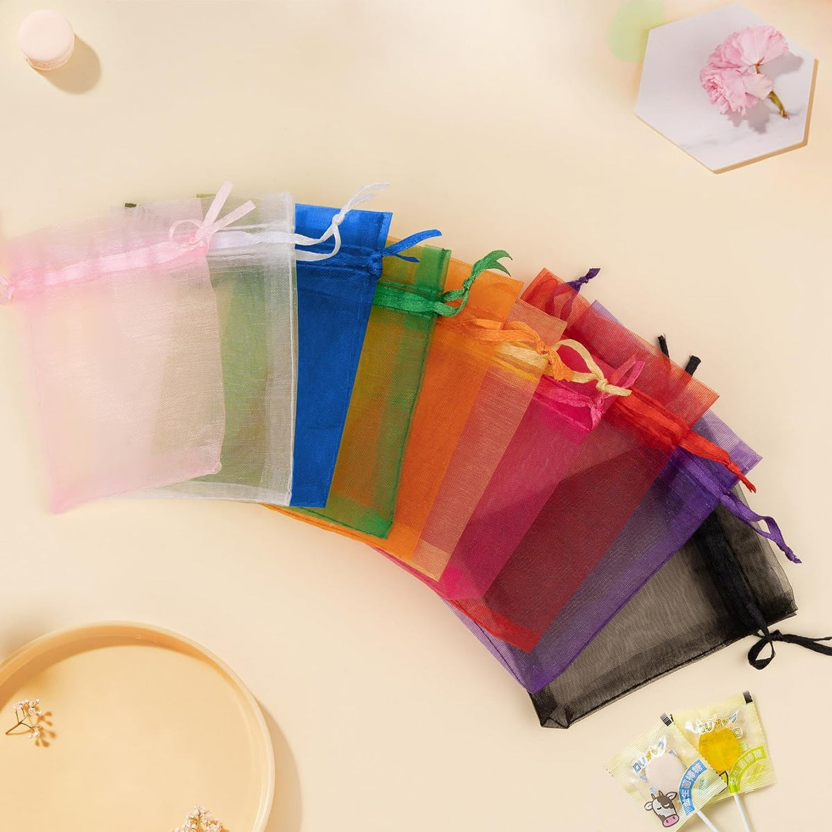 50 Pcs Pink Organza Bags 3x4 Inch, Jewelry Pouch Bags Small Mesh Bag Drawstring Gift Goody Bag for
