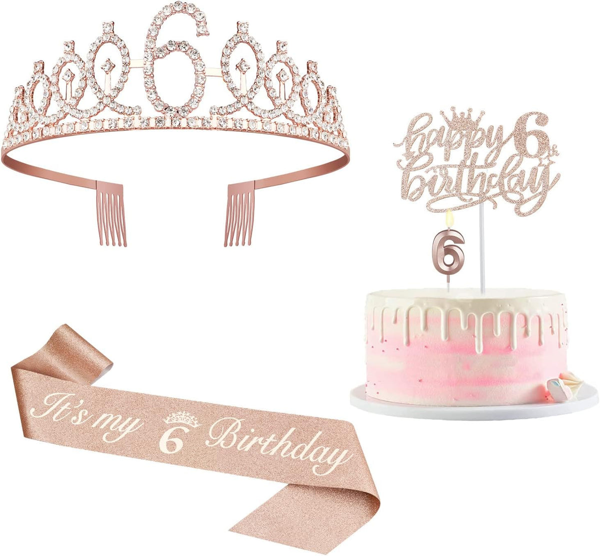 6th Birthday Decorations for Girl Including Sash, Crown, Numeral Candle and Cake Topper, 6 Year Old