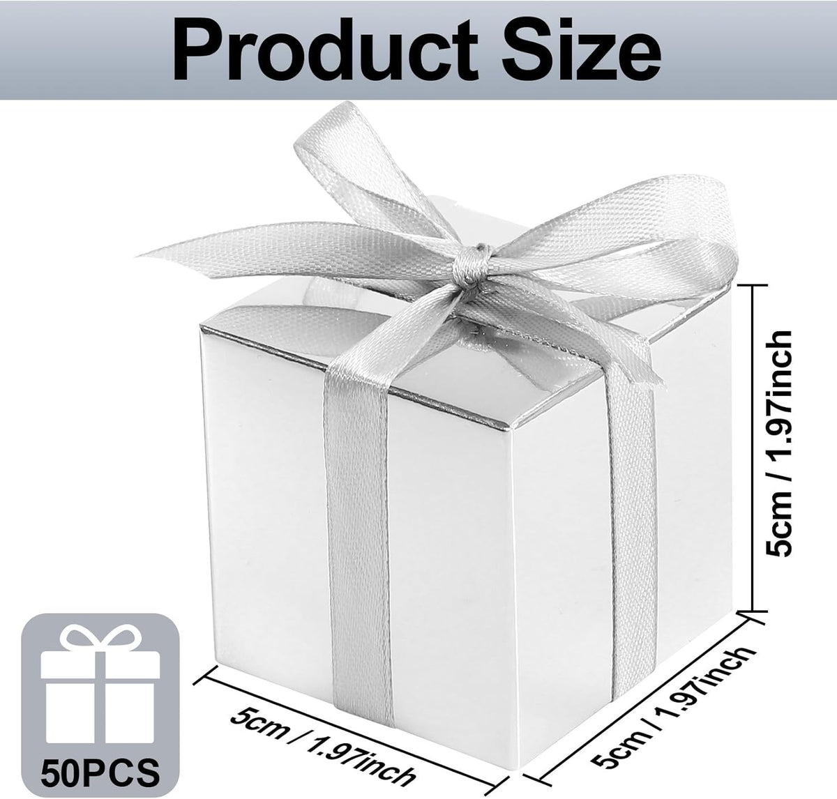 COCPOK 50 Pack Silver Gift Boxes, 2x2x2 inch Gift Box, Small Candy Boxes with Lids and Ribbons