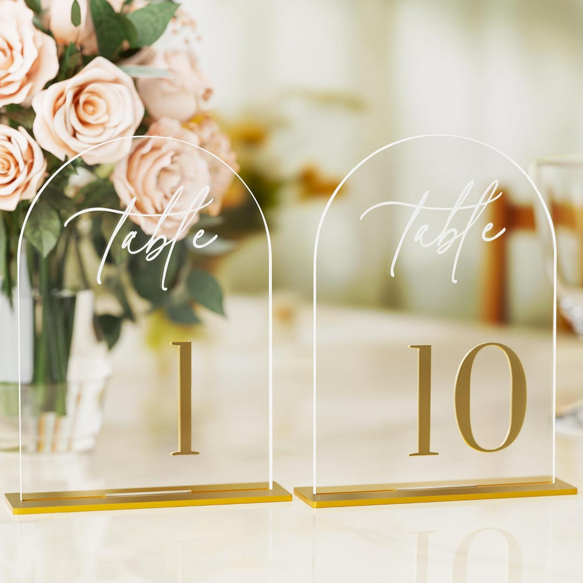 Arch Wedding Table Numbers 1-10 with Stands, Elegant Gold Number 5.5 x 7” Arch Acrylic Signs with