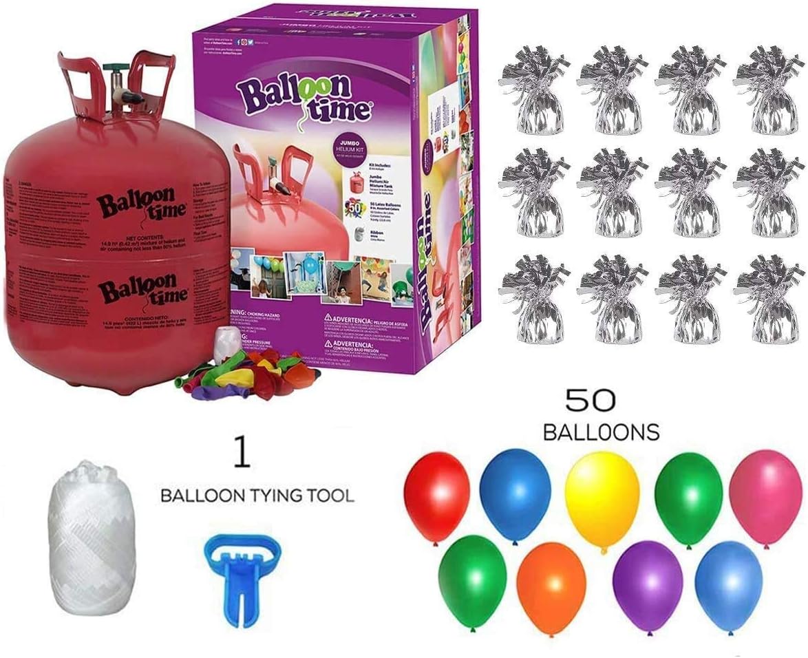 Helium Tank for Balloons At Home 14.9 Cu Ft Helium Tank, 50 Balloons and White Ribbon, 12 Silver