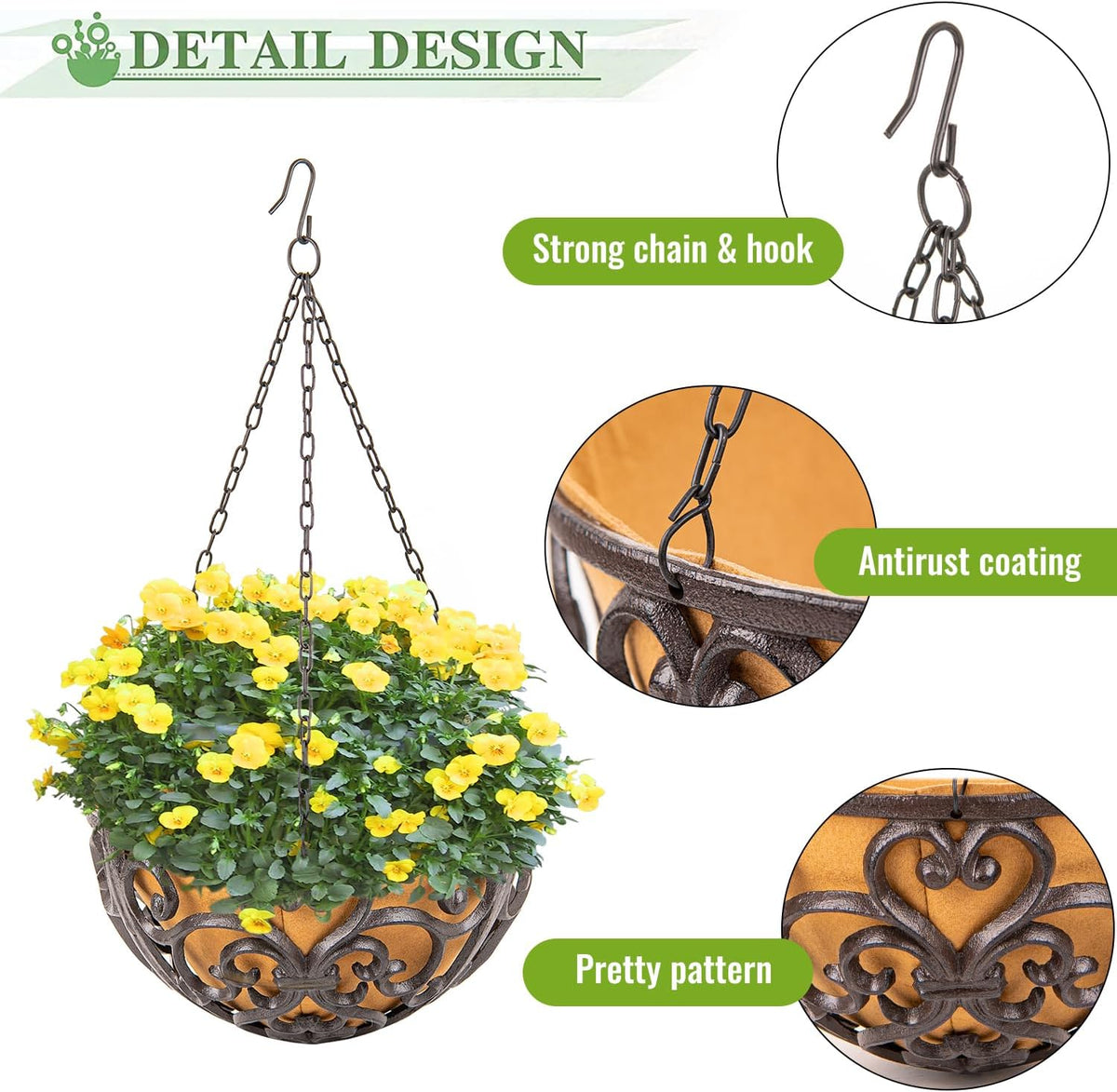 Sungmor 2PC 11" Dia. Large Cast Iron Hanging Baskets w/Fabric Liner, Rustic Brown Heavy-Duty
