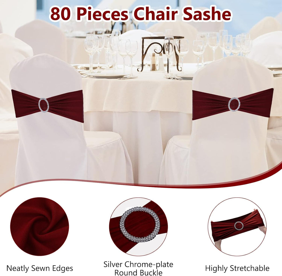 CHENGU 150 Pieces Spandex Stretch Chair Sashes Bows Elastic Chair Cover Bands Ties with Buckle